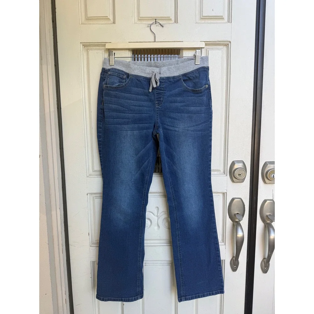 Justice Girls Mid Rise Knit Waist Boot Cut Jeans Blue Denim Pull On Size 14